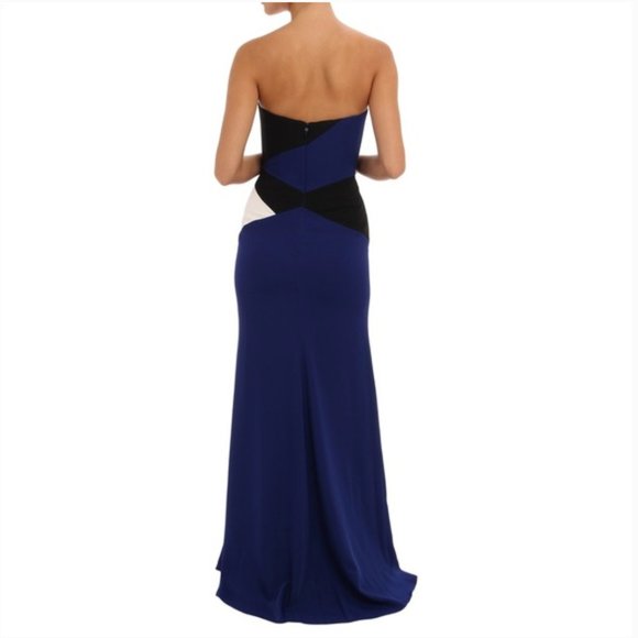BCBG Audrianna Strapless Blue, Black, and White Colorblock Floor Length Dress - Picture 4 of 6